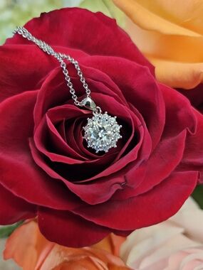 Silver Halo Pendant Necklace with Clear Crystal Moissanite 1 Ct
